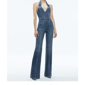 ALICE + OLIVIA: NOEMI HALTER NECK DENIM JUMPSUIT-SIZE 28